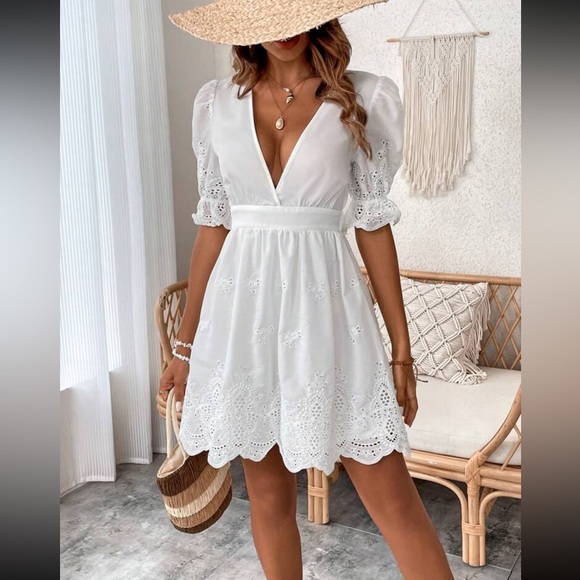 Boho white embroidered scallop hem dress - Picture 16 of 16